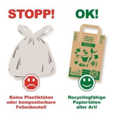 Hinweisaufkleber Biomülltonne: keine Plastiktüten