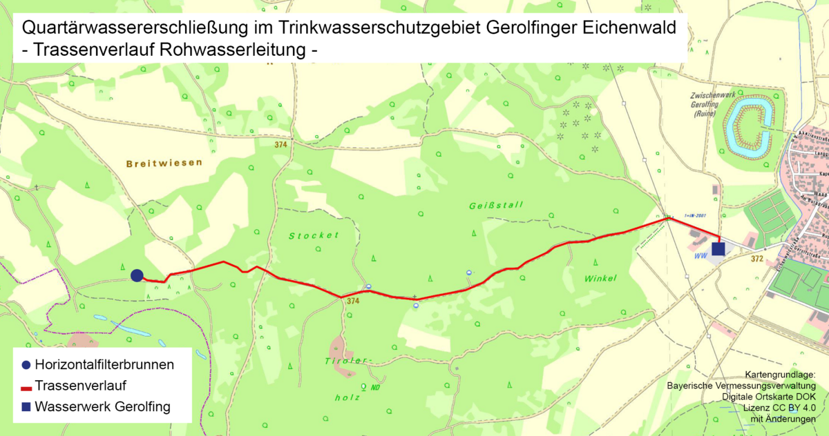 Trassenverlauf Rohwassleitung im Gerolfinger Eichenwald